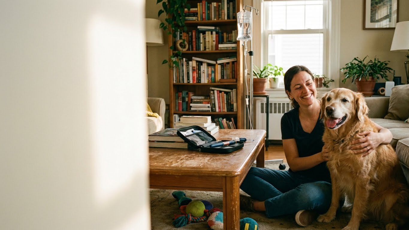 Senior dog looking comfortable on a sofa