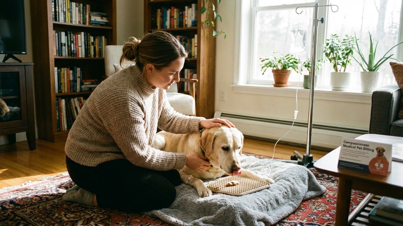 Dog receiving subcutaneous fluids at home