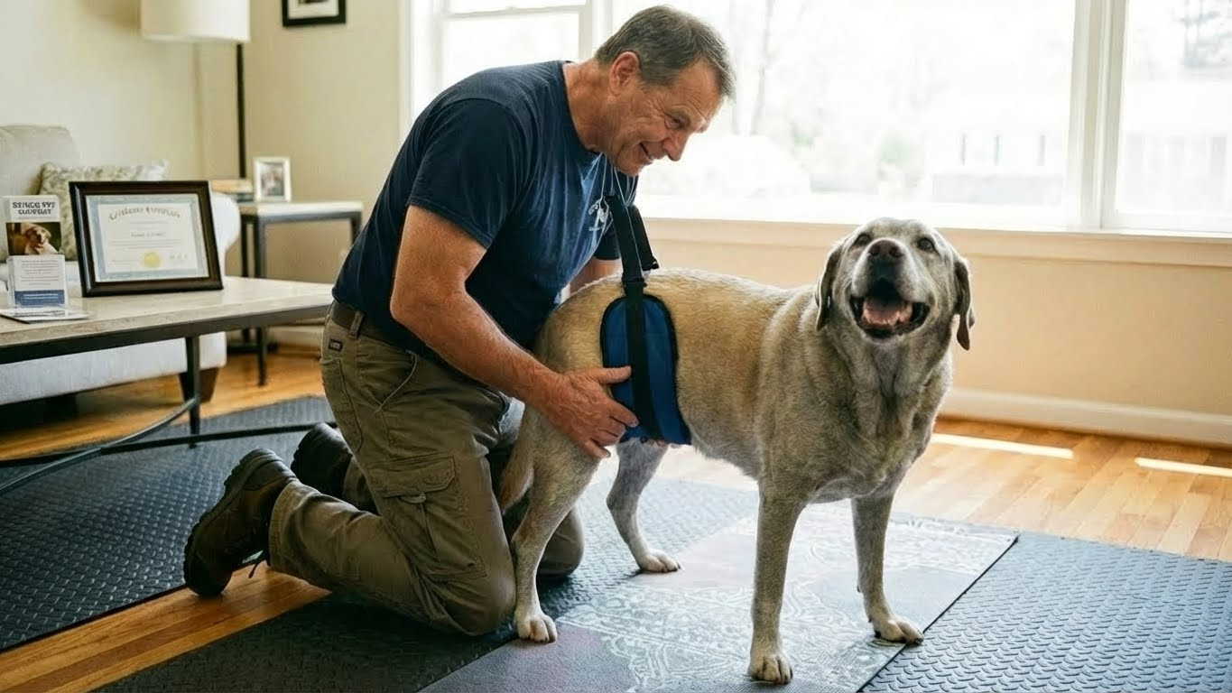 Senior dog in mobility sling being supported